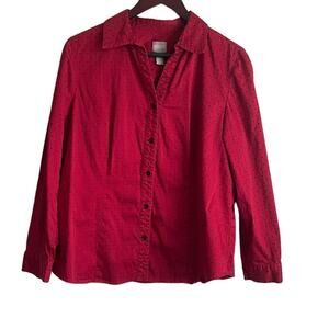 Chicos Women Top‎ L Red Black Polka Dot Cotton Button Up Casual Workwear Office